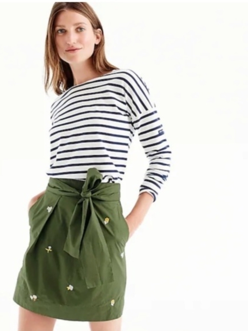 J. Crew Olive Green Tie-Waist Embroidered Skirt